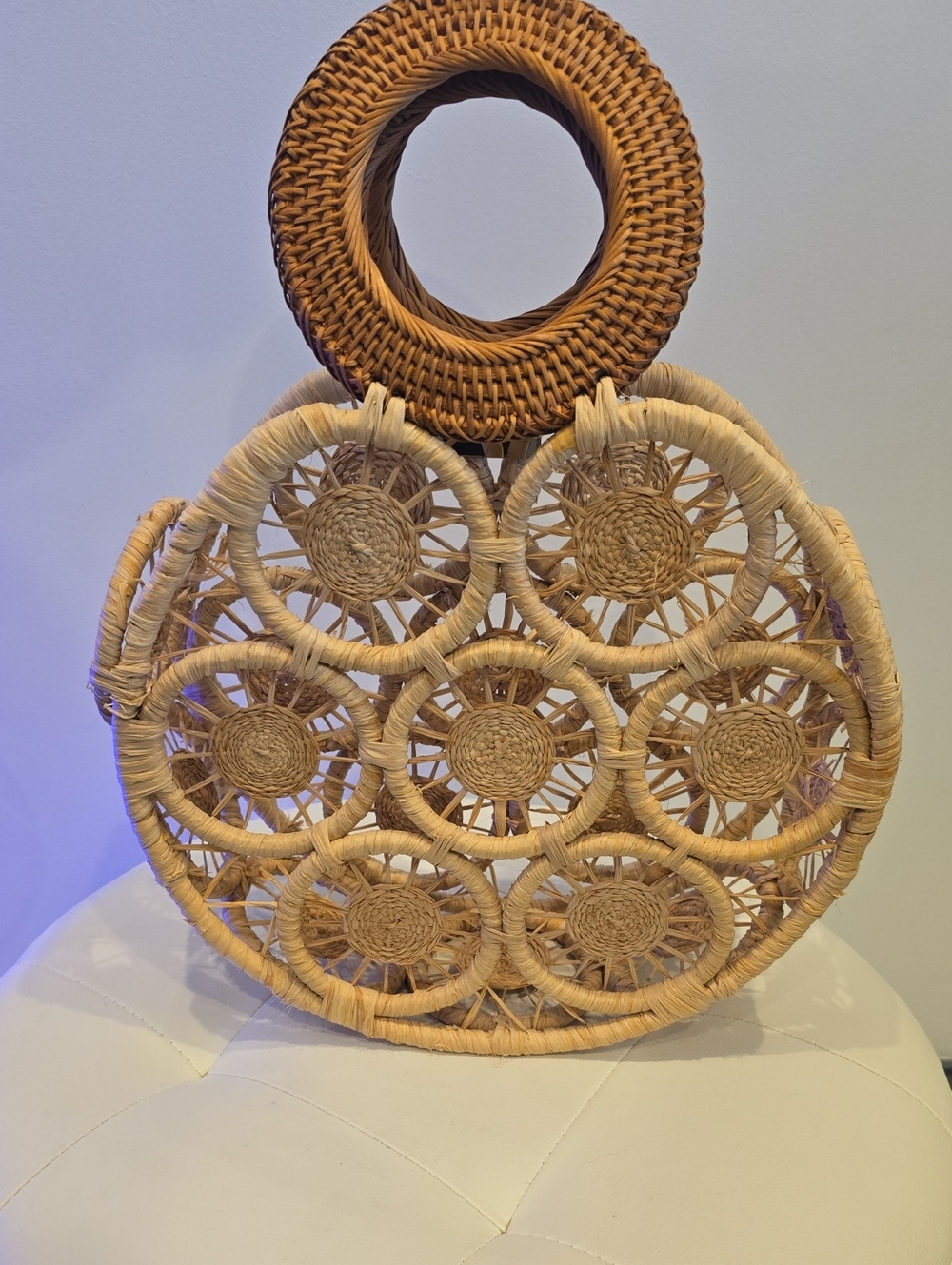 Cult Gaia Woven Circle Straw Tote Bag Rattan Natural Open Weave Beach Purse New